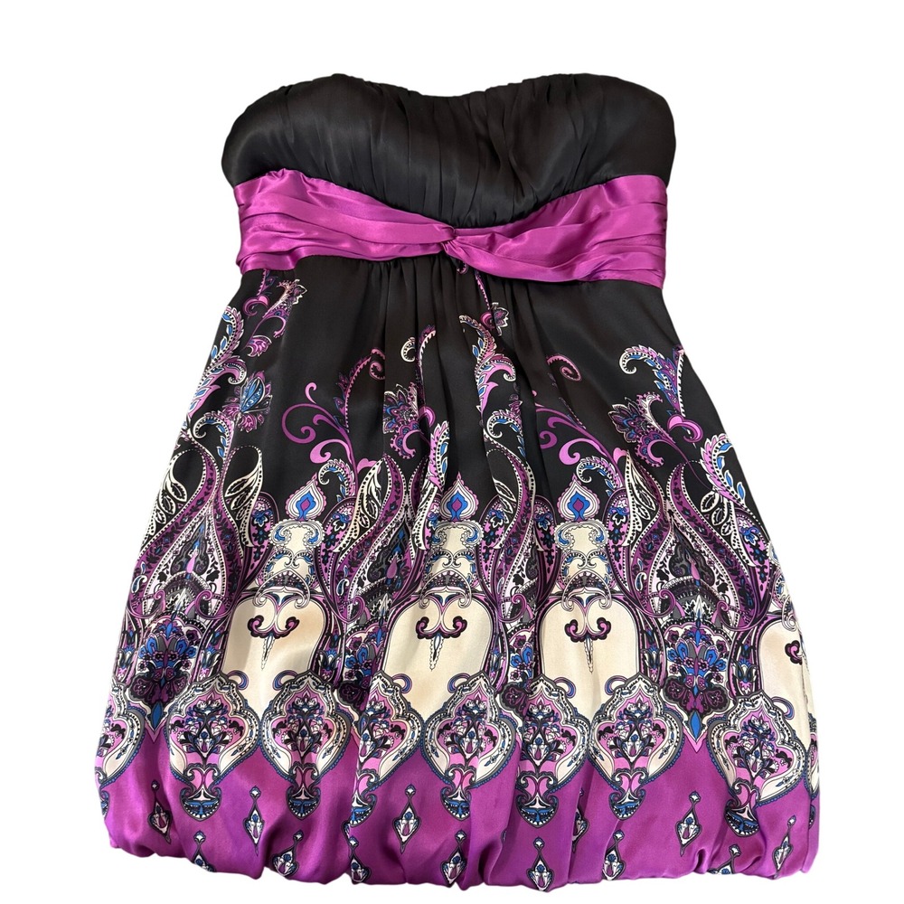 Bebe 100% Silk Strapless Paisley Bubble Hem Mini Dress Purple Black Medium